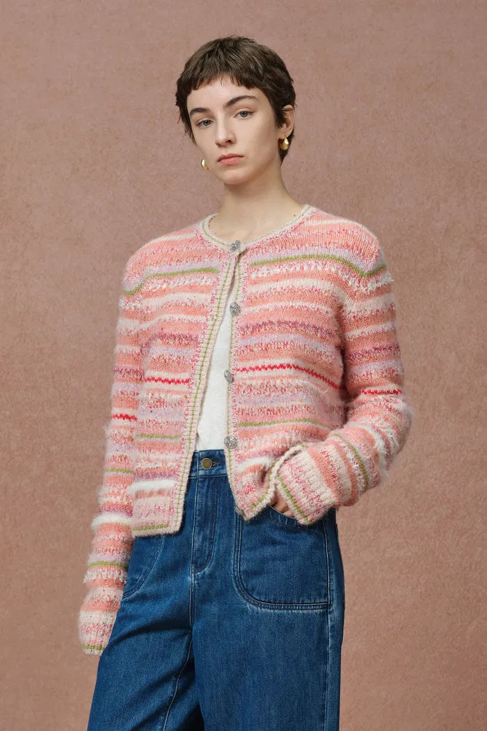 Belleville Fitted Stripe Sequin Tweed Cardigan in Brushed Multi-Yarn Wool Knit