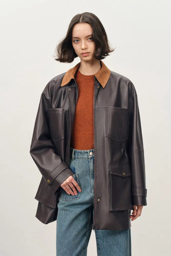 Laurel Contrast Corduroy Collar Leather Jacket in Faux Leather