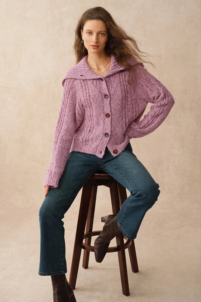 Rosalina Convertible Shawl Collar Cardigan in Merino Wool Cable Knit