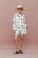 Perla Hand Painted Flora Blouse in Tencel-Ramie