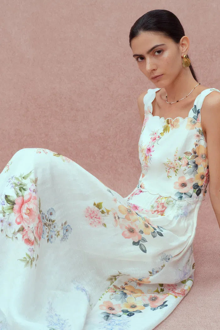 Xena Watercolor Flora Embroidery Strap Dress in Silk-Linen S/P Xena Watercolor Flora Embroidery Strap Dress in Silk-Linen S/P