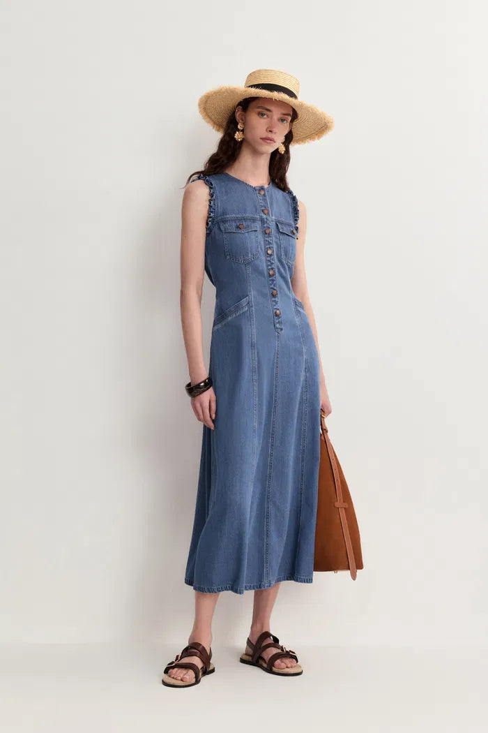 Amelia Scallop Buttoned Cinched Midi Dress in Cotton Linen Denim - M Amelia Scallop Buttoned Cinched Midi Dress in Cotton Linen Denim - M