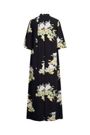 Aria Floral Tie Neck Elbow Sleeve Dress in Light Crinkle Gauze