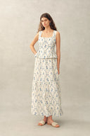 Elara Pleated Floral Square Neck Pearl Button Sleeveless Top in Linen Blend