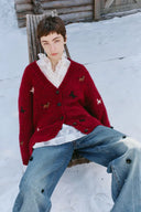 Erica V Neck Beaded Pony Cardigan in Wool Mohair Blend Knit