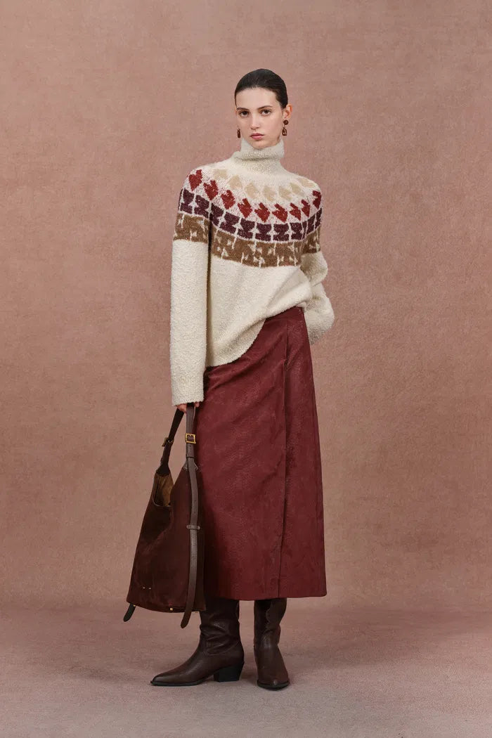 Krasner Hand Drawn Fair Isle Motif High Neck Sweater in Merino Wool