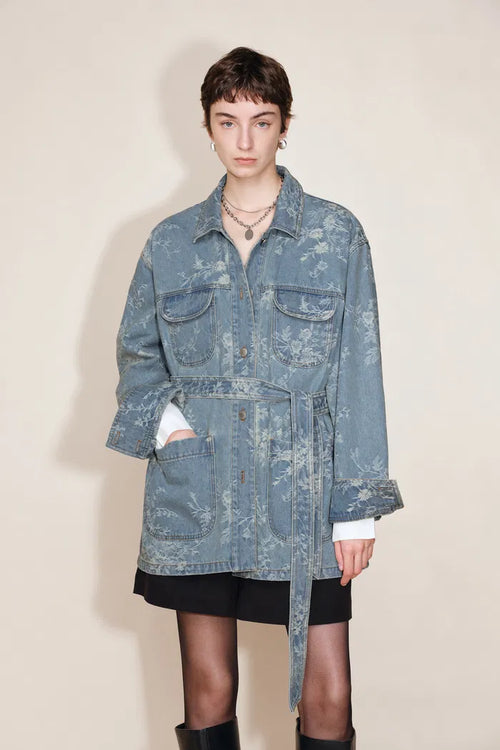 Harper Floral Safari Utility Jacket in Jacquard Denim