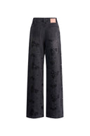 Star Hand Beaded Rose Embellishment Straight Leg Jeans in Beaded Cotton Denim