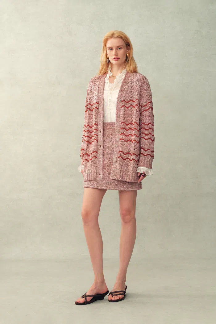 Lorena Striped Oversized Cardigan and Skirt Matching Set in Cotton Blend Fancy Yarn Knit