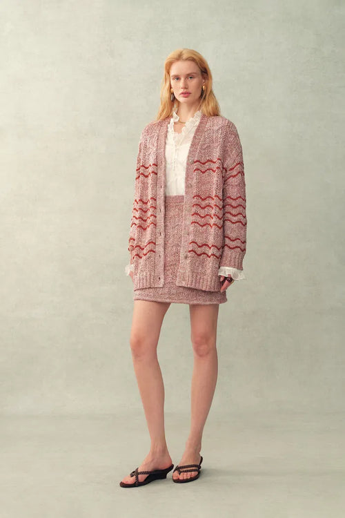 Lorena Striped Oversized Cardigan and Skirt Matching Set in Cotton Blend Fancy Yarn Knit