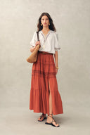 Kalia Lace Embroidery Pleated Cap Sleeve Top and Maxi Slit Skirt Set in Cotton Jacquard