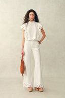 Lilou French Cutwork Embroidery Ruffle-Sleeve Top in Cotton & Linen