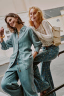 Vinetta Curved Button Placket Floral Embroidered Shirt in Cotton Linen Denim