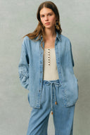 Vinetta Curved Button Placket Floral Embroidered Shirt in Cotton Linen Denim