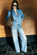 Zia Sequin Embellished Barrel Leg Jeans in Cotton Denim