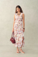 Alice Handpainted Floral Bias Cut Ruffed Sleeveless Dress in Crinkle Gauze