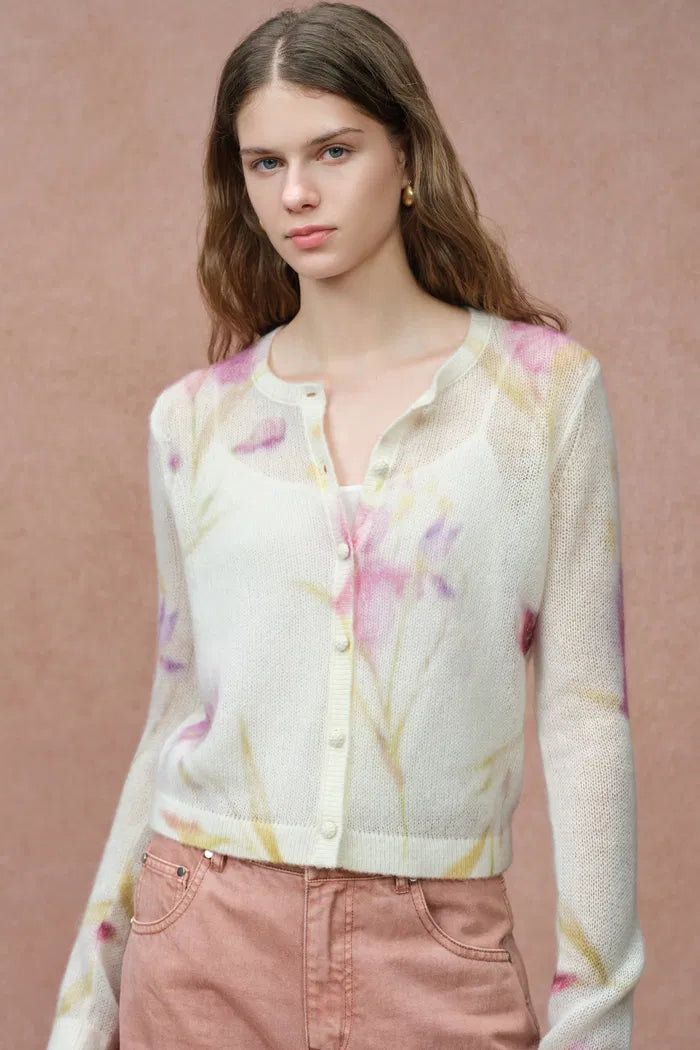 Irida Iris and Lily Print Knit Cardigan in Merino-Mohair Blend