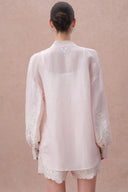 Paz Pink Embroidered Blouse and Short Matching Setin Silk-Linen Blend