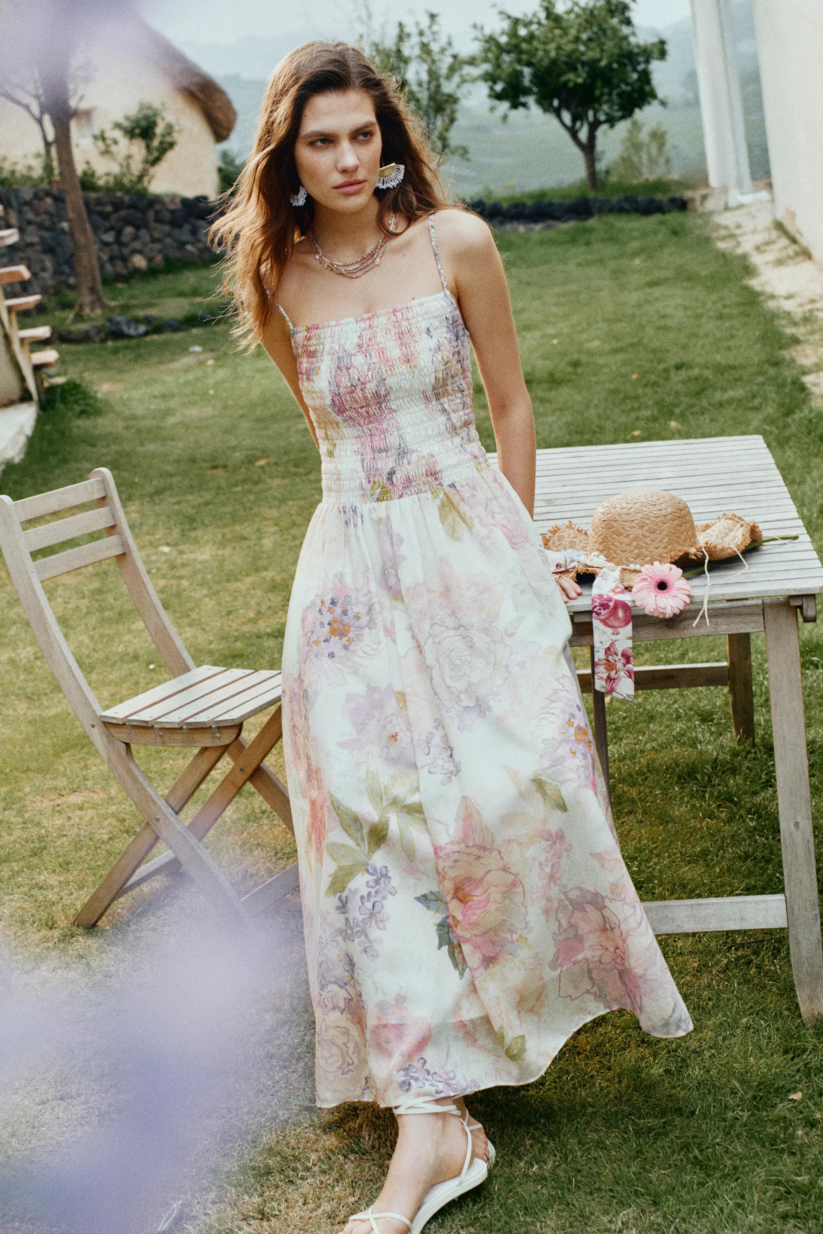 Juile Handworked Floral Prints Strap Dress in Silk Linen Blend –