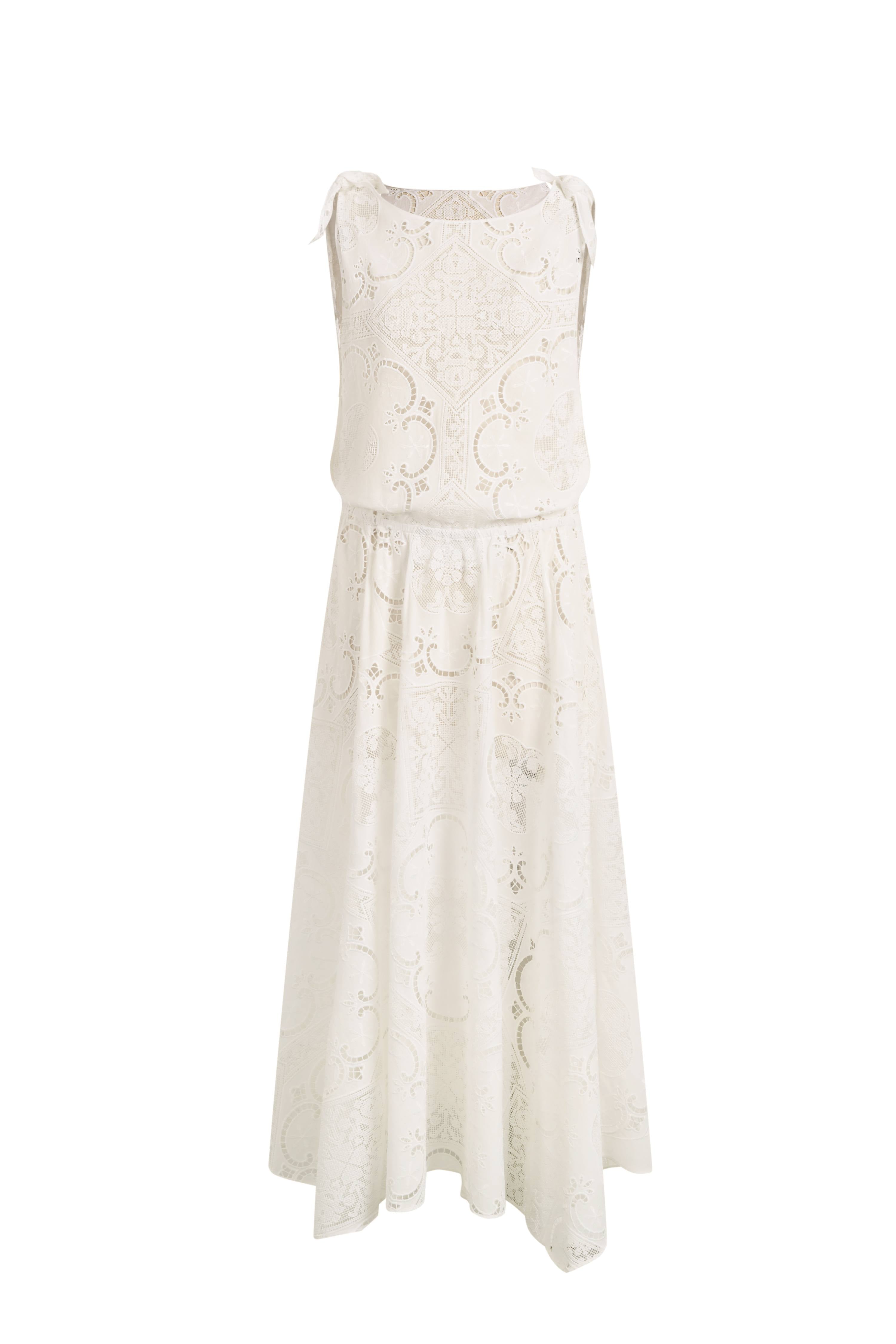 Nellie Cutwork Embroidered Scarf Tie Layered Sleeveless Dress in 100% Cotton with Lace M Nellie Cutwork Embroidered Scarf Tie Layered Sleeveless Dress in 100% Cotton with Lace M