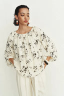 Quillie Hand Painted Print Off Shoulder Long Sleeve Blouse Top in Silk Twill