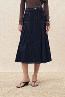 Grace Topstitched Pleated Skirt in Lyocell Denim