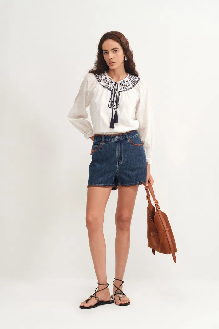 Anja Hand Embroidered Shorts in Cotton Denim