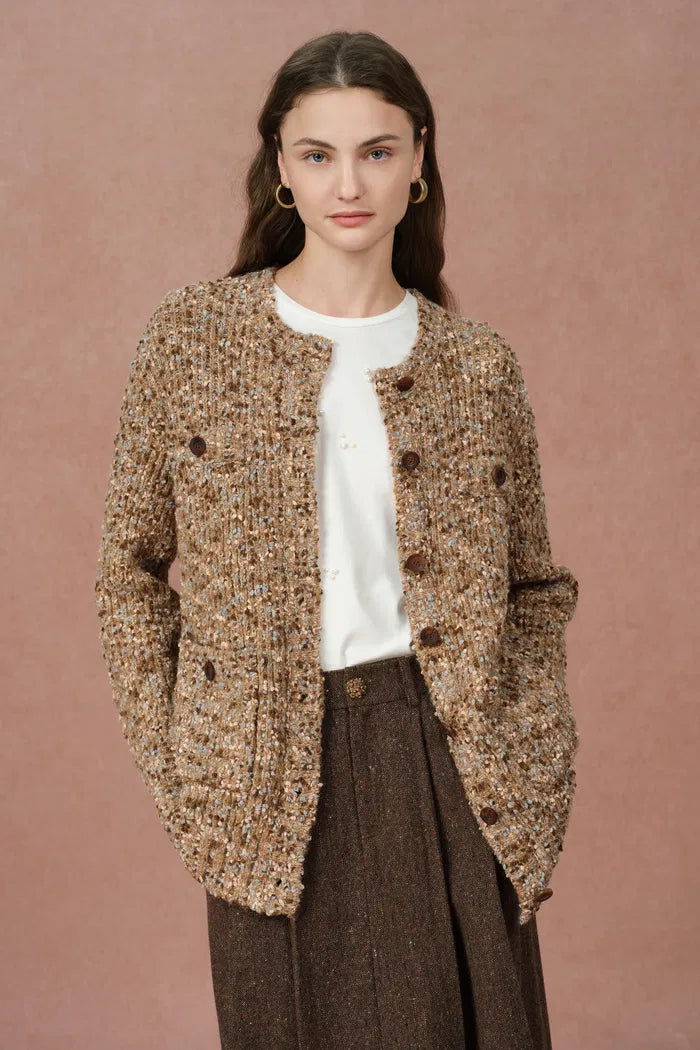 Sade Dotted Longer Sleeve Cardigan in Wool Bouclé Yarn Knit