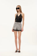 Crystalline Silver Sequin Lace Trim Shorts in Sequin Mesh