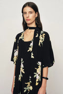 Aria Floral Tie Neck Elbow Sleeve Dress in Light Crinkle Gauze