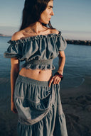 Falda Larga Oluka con Volantes y Calados en Denim Ligero