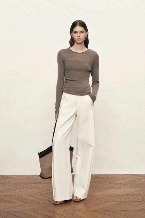 Mariselle Crew-Neck Fitted Long Sleeve Top in Merino Wool Knit