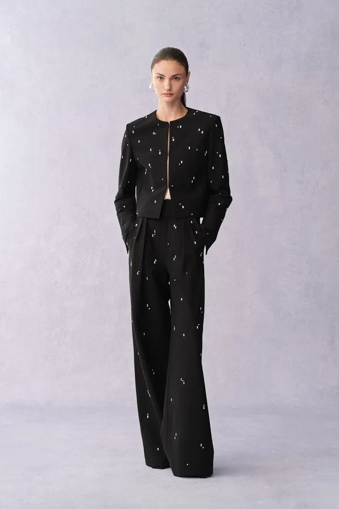 Aquila Hand Sewn Rhinestone Crop Suit Blazer and Pants Matching Sets in Fine Wool Suiting