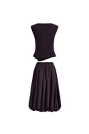 Sleeveless twisted drape top and bubble skirt set in dark earth-tone cotton blend, back view on white background