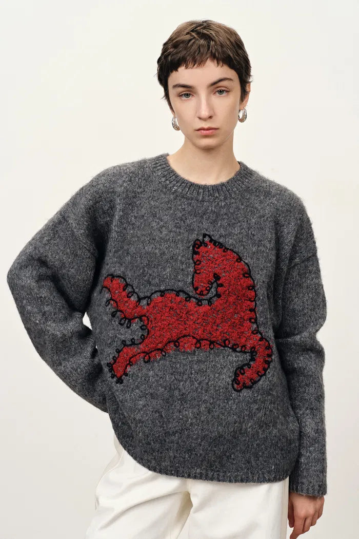 Quella Red Pony Drop Shoulder Sweater in Alpaca Wool Knit