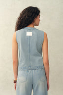 Perla Embossed Flowers Sleeveless Round Neck Top and Skirt Matching Set in Cotton Denim