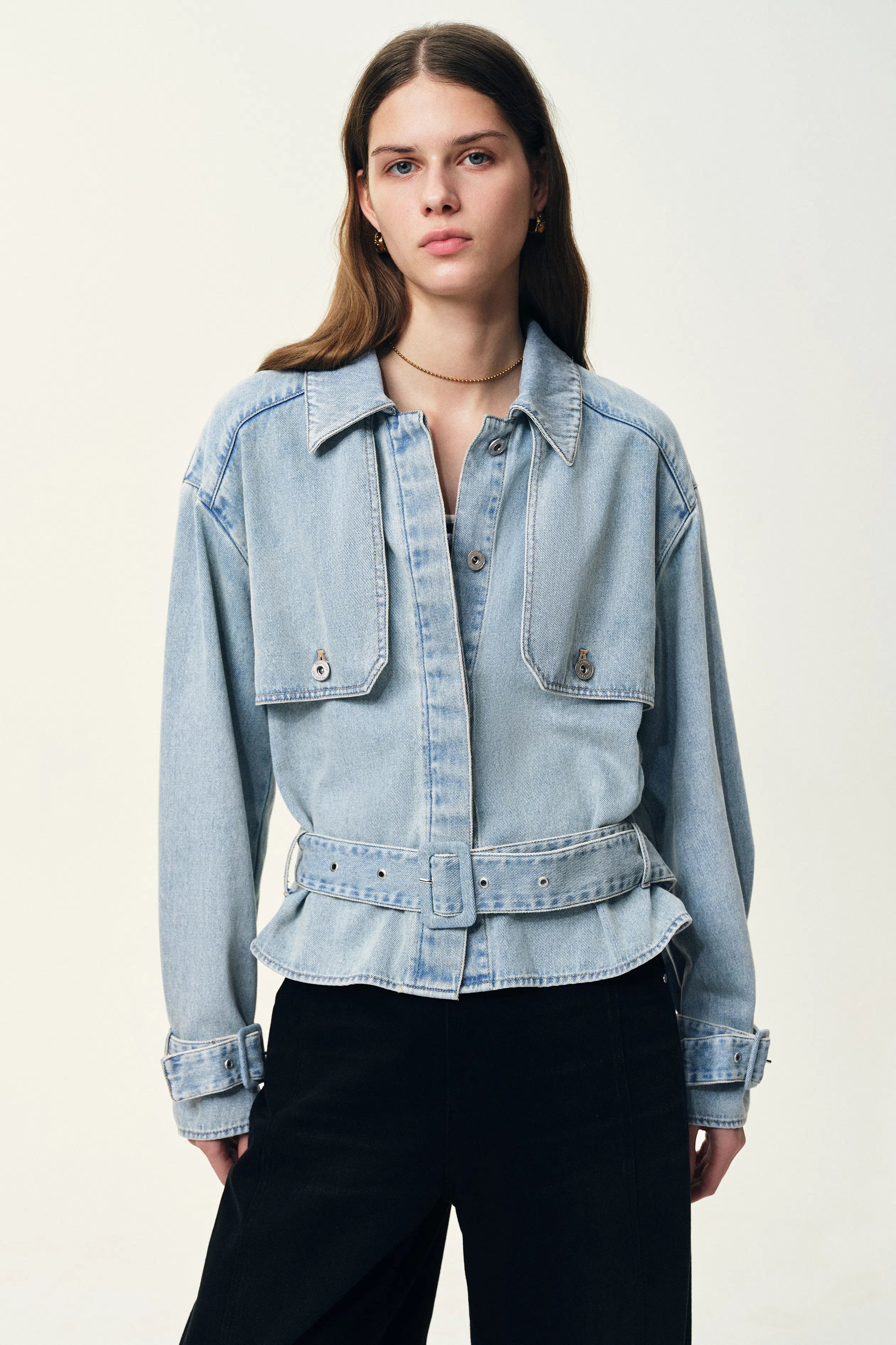 Halle Washed Short Trench Inspired Jacket in Light Blue Denim S