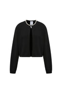 Black lyocell-wool blend knit cardigan with pearl embellishments along the neckline, front view isolated on white background