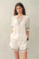 Becky Cross Stitch Tie Front Short Sleeve Shirt in Linen Blend