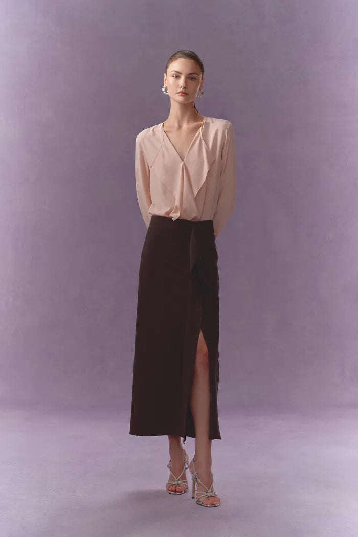 Isao Side Slit Ruffle Maxi Skirt in Stretchy Matte Fabric