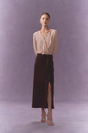 Isao Side Slit Ruffle Maxi Skirt in Stretchy Matte Fabric