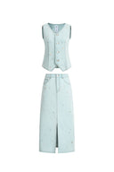 Jean Handwork Bead Denim Vest Top and Skirt Set in Cotton Denim