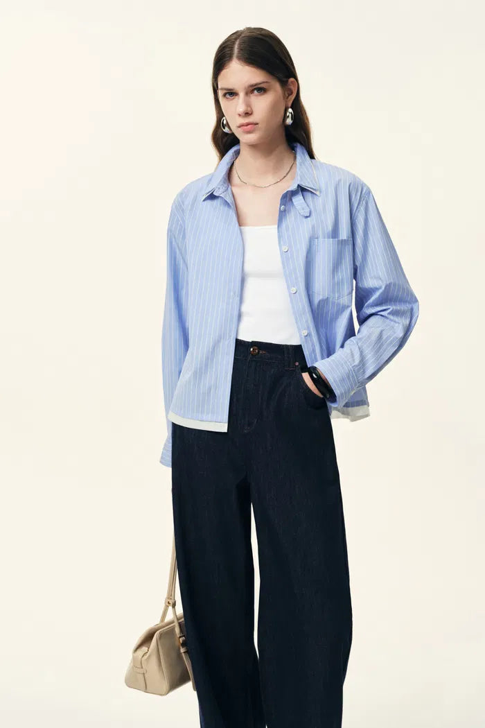 Claire Double Collar Striped Shirt in Jacquard Striped Poplin