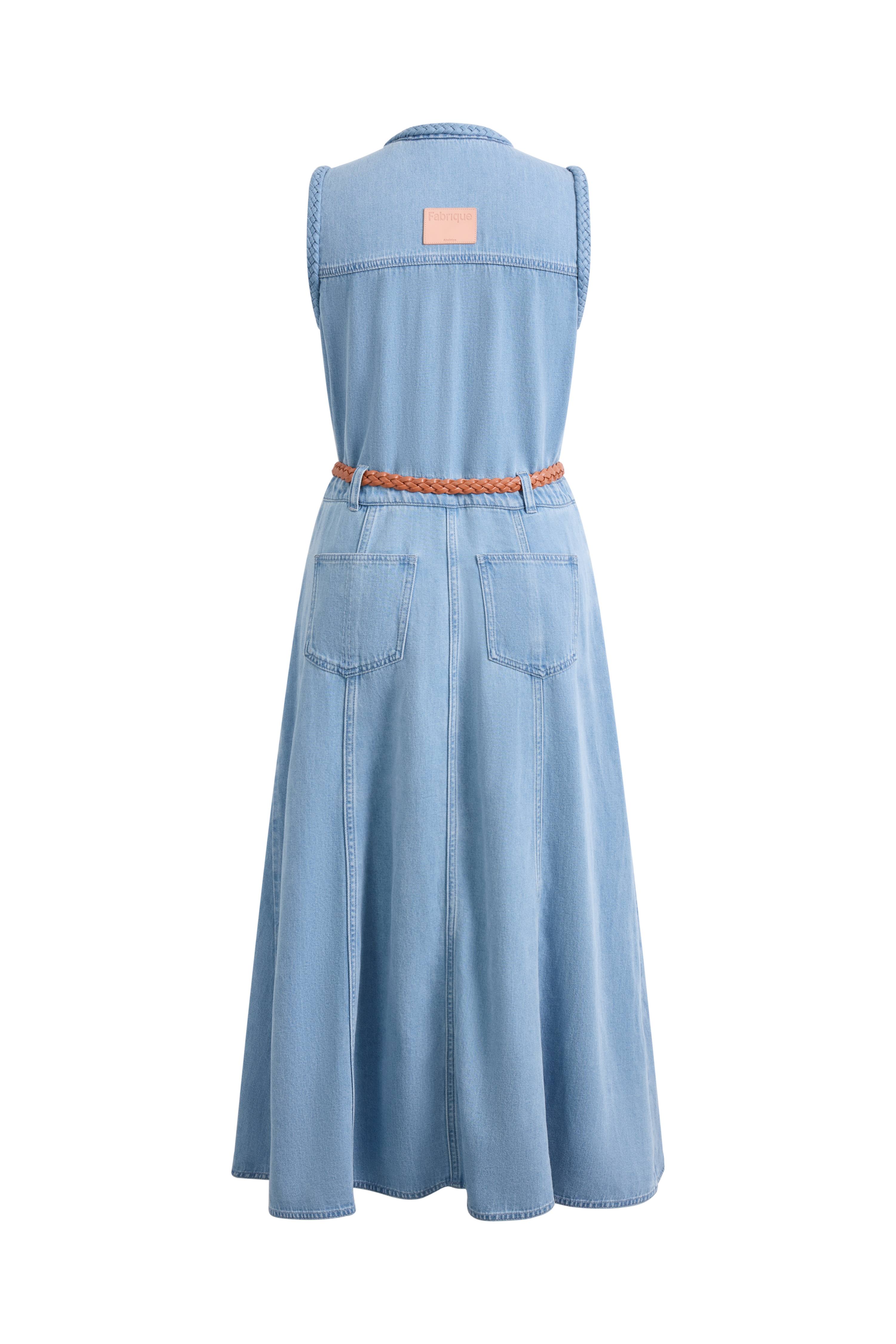 Nova Woven Strap Detail Sleeveless Denim Dress in Cotton-Linen Denim