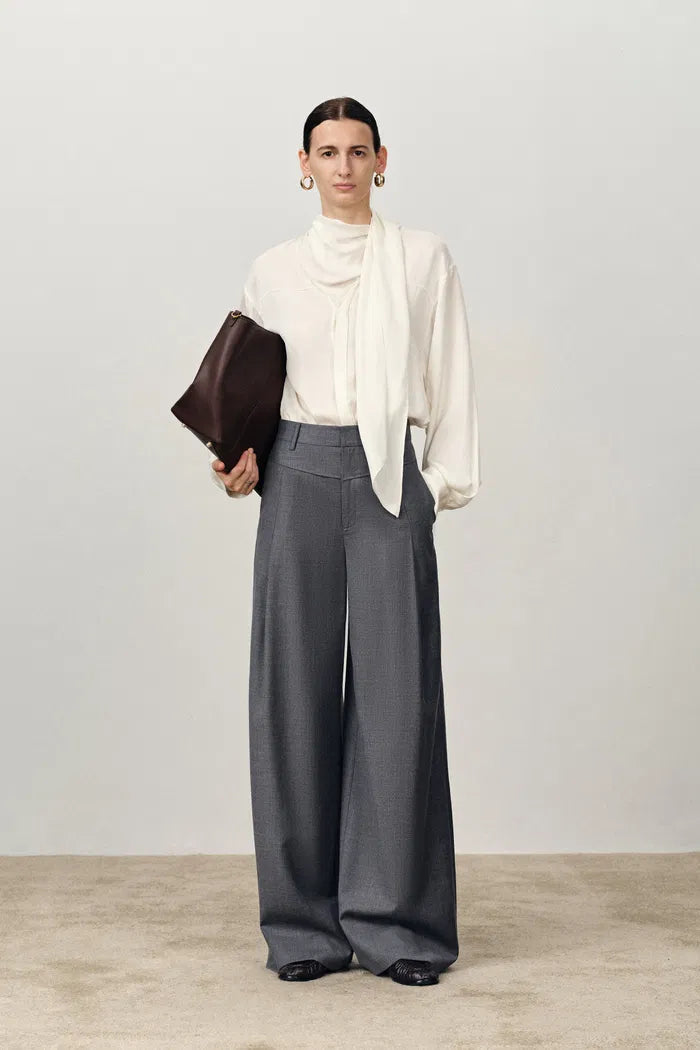 Phoebe Front V Shaped Trousers in Fine Wool Silk Blend Suiting