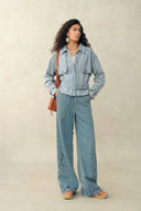 Halle Washed Short Trench Inspired Jacket in Light Blue Denim
