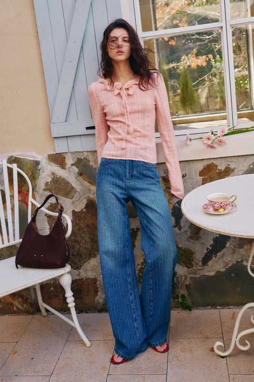 Liora Vertical Striped Straight Leg Jeans in Herringbone Denim