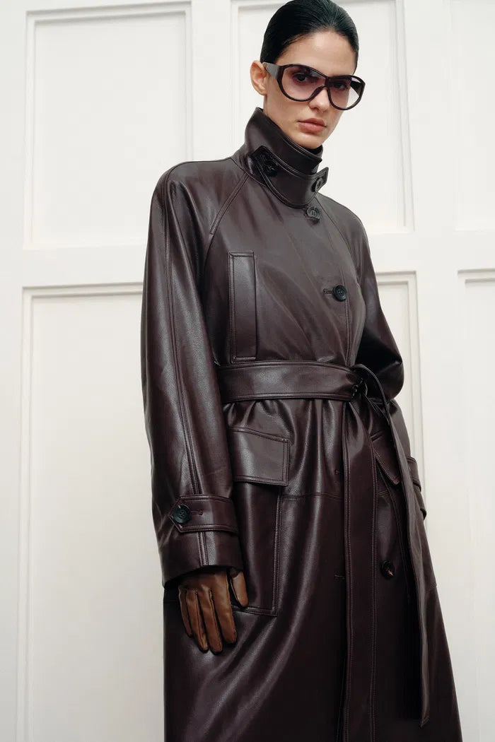 Grecale Vintage Burgundy Long Coat in Faux leather