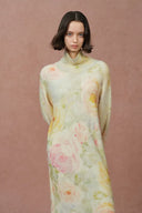 Vestido de Manga Larga Flora Pintado a Mano en Mezcla de Merino y Alpaca
