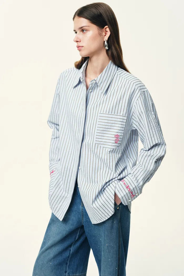 Lismore Contrast Embroidery Striped Shirt in Textured Crinkle Cotton